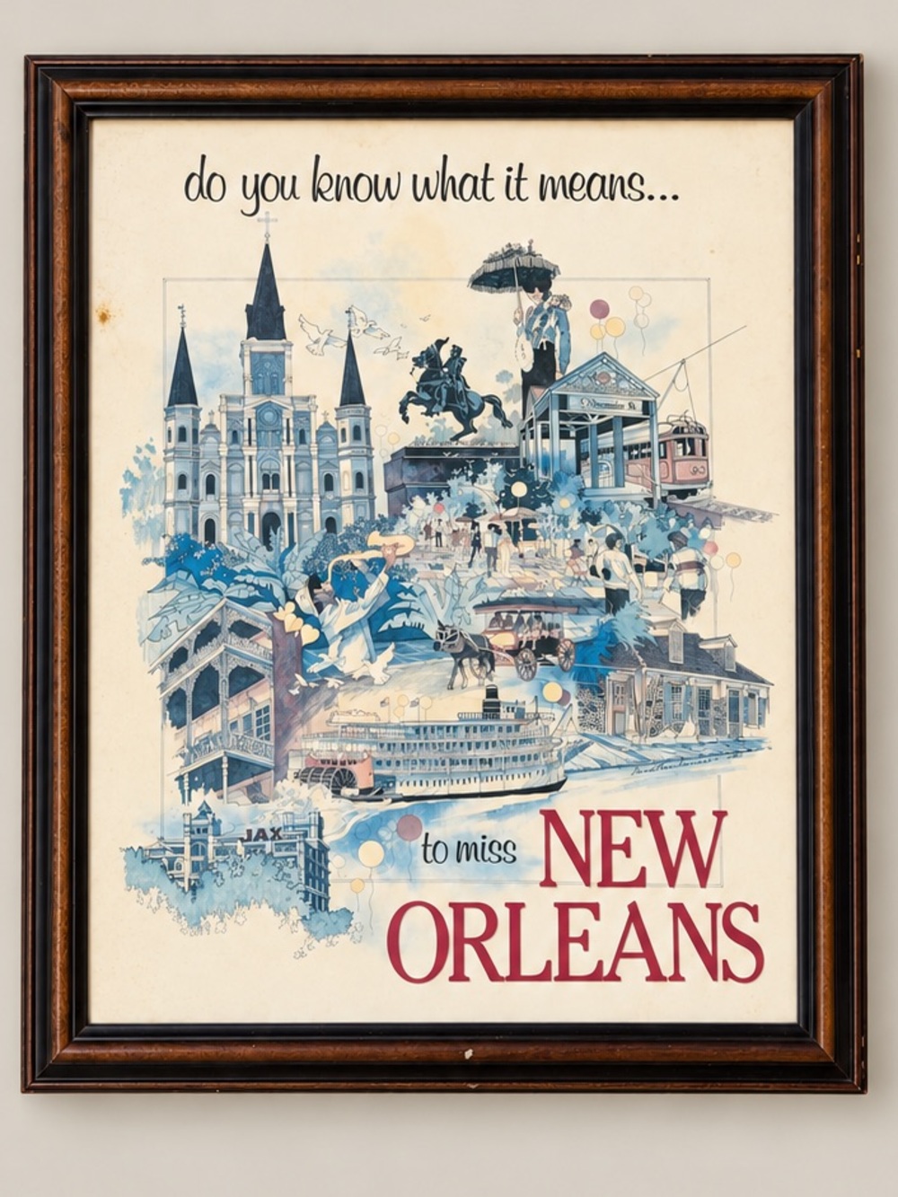 Vintage 1970s New Orleans Travel Poster 18.5x22.5 Framed Print Landmark Wall Art